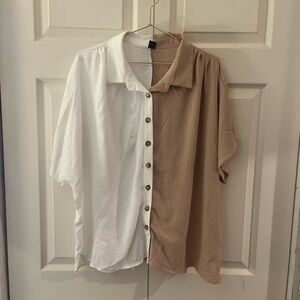 SHEIN Casual White and Tan Button-Down Shirt